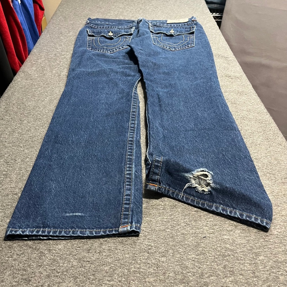 True Religion Mens Straight Leg Jeans Blue Denim 36x33 Horseshoe Distressed